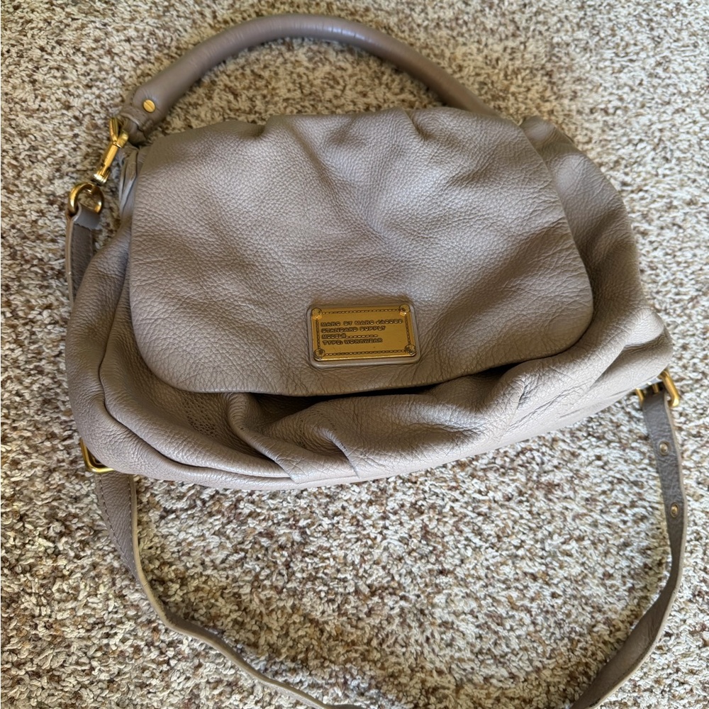 Marc Jacobs Pebbled Taupe Shoulder Bag with Gold Plaque